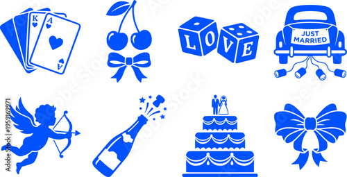 Wedding Coquette Style Hand Drawn Romantic Cute Elements Playing Cards Cherry Dice Just Married Cupids Champagne Celebration Line Art
