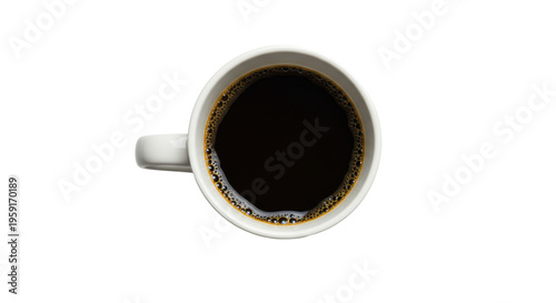 A white ceramic coffee mug with black coffee and brown crema, flat lay, high-key lighting, transparent backdrop, soft shadows, copy space, concept of morning energy