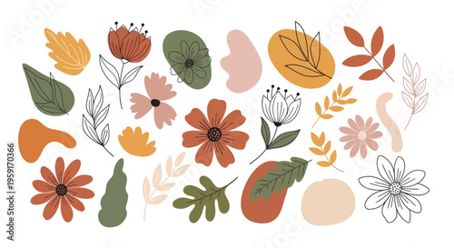 Colorful autumn leaves and flowers arrangement.