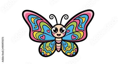 Colorful butterfly with heart wings smiling.