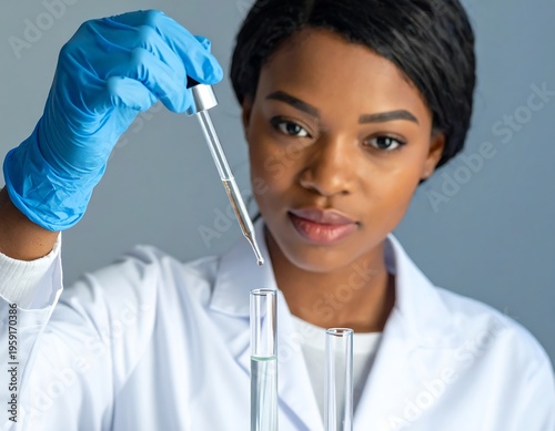 A woman in a lab coat carefully handling a test tube