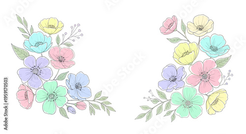 Colorful flowers in pastel hues arrangement.