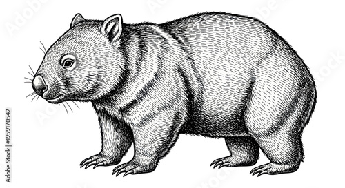 Vintage Wombat Illustration - Black and White Sketch of Australian Marsupial