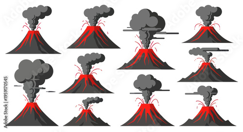 Volcano Eruption Set: Lava, Smoke, Ash Clouds - Vector Illustrations