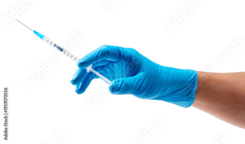 Hand in blue medical glove holding syringe isolated on transparent background