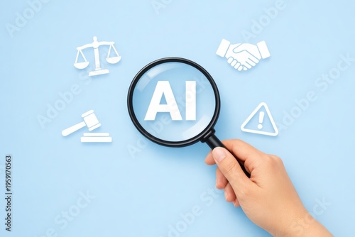 AI Under Scrutiny: A magnifying glass focuses on the letters AI, surrounded by symbolic representations of law and ethics.