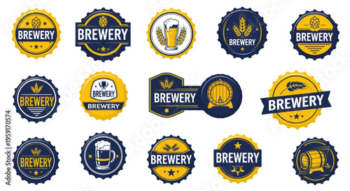 Brewery Badges and Labels: Beer Icons, Barrels, Hops, Wheat