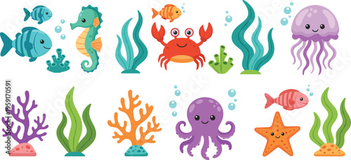 Stylized Sea Life Vector Illustration Set Featuring Seahorse Octopus Jellyfish Crab and Tropical Coral Reef Elements Isolated on White Background
