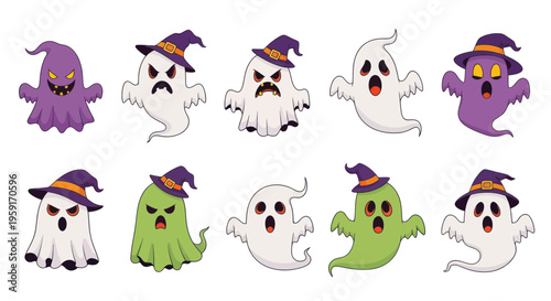 Cute Halloween Ghosts Collection: Spooky Characters with Hats and Funny Faces