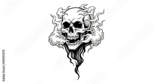 Scary Skull With Smoke and Flames - Dark Art Illustration