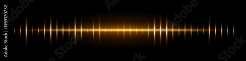 Horizontal light waveform composition. Bright glowing line, vertical pulse spikes, radiant center, dark gradient backdrop, abstract audio signal atmosphere, luminous energy effect.
