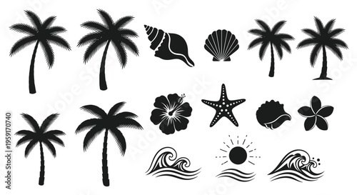 Tropical Beach Icons: Palm Trees, Seashells, Starfish, Hibiscus Flower, Waves, Sun