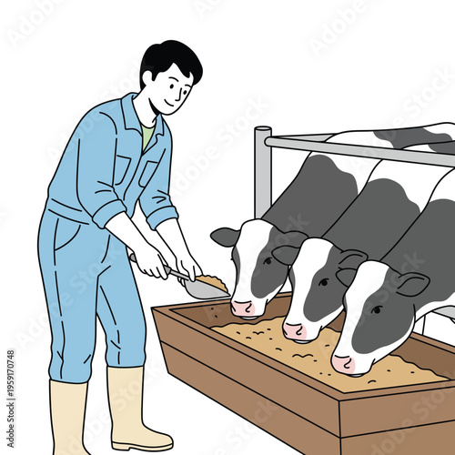 Flat vector illustration of a farmer feeding cows, suitable for livestock farming and agriculture.
