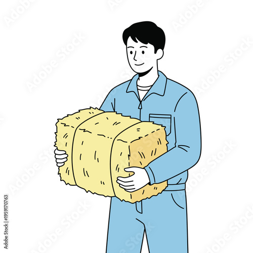 Flat vector illustration of a farmer carrying a hay bale, suitable for agriculture work and livestock feeding.
