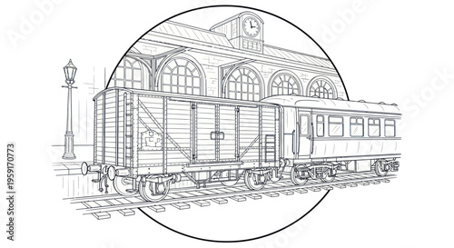 Vintage Train Station Sketch: Old Passenger Carriage and Freight Wagon on Tracks