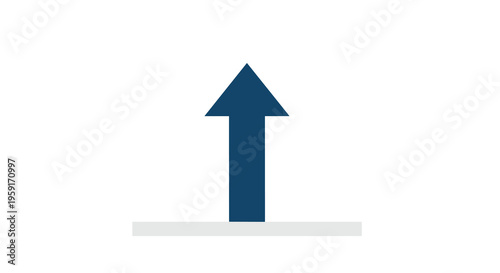 A thick, dark blue upward-pointing arrow stands vertically on a light grey horizontal bar, centered on a pristine white background.