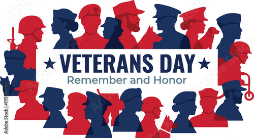 Veterans Day Banner with Diverse Military Silhouettes and Text