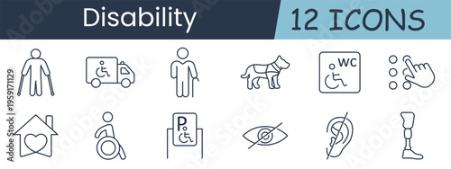 Disability set icon. Crutches, ambulance, cane, guidedog, wc, braille, homecare, wheelchair, parking, blind, deaf, prosthesis, accessibility, support, inclusion, mobility