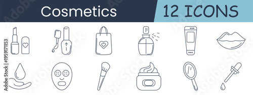 Cosmetics set icon. Nail polish, manicure brush, beauty bag, perfume spray, cream tube, lips, oil drop, face mask, makeup brush, skincare jar, mirror, serum dropper.