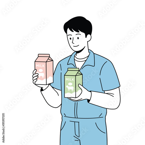 Flat vector illustration of a farmer holding milk cartons, suitable for dairy products and food marketing.