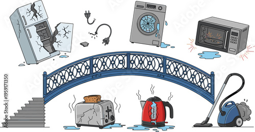 Vintage Hand Sketched Broken Home Appliance and Property Damage Vector Set Featuring Leaking Washer Refrigerator and Cracked Garden Bridge with Etched Texture for Insurance Graphic Designs