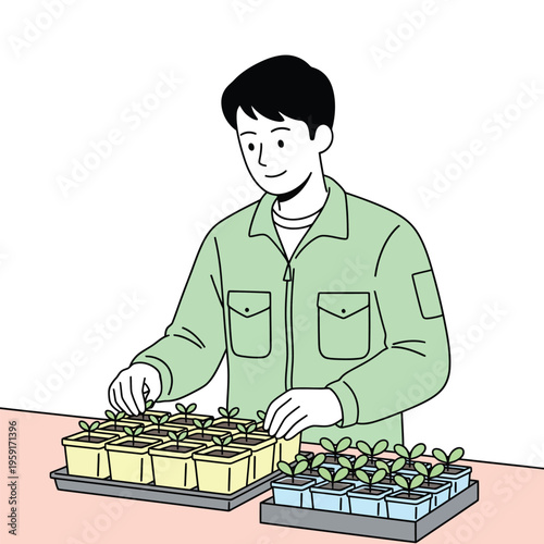 Flat vector illustration of a farmer arranging plant seedlings, suitable for agriculture growth and farming process.