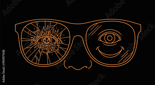 Vector illustration of glasses with contrasting eyes on black background symbolizing dual vision and emotions