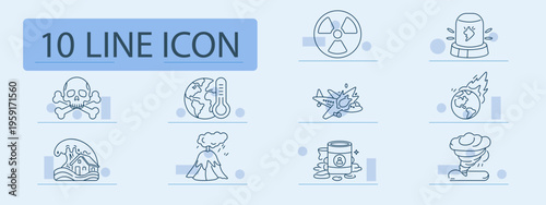 Disaster set icon. Radiation, earthquake, tsunami, volcano, storm, plane crash, global warming, flood, emergency, catastrophe, hazard, climate crisis, environmental risk.