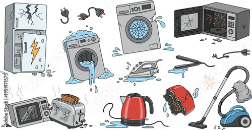Vintage Hand Sketched Broken Home Appliance Repair Vector Set Featuring Overflowing Washer Leaking Refrigerator and Short Circuiting Electronics with Etched Texture for Service Graphic Designs