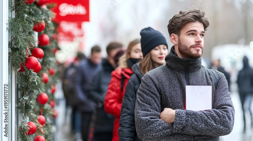 Young man in stylish winter outfit standing in line during festive season christmas with holiday decorations and people shopping around him