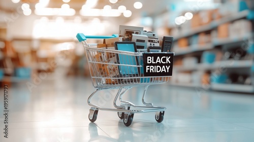 Shopping Cart Filled with Electronics and Appliances Promoting Black Friday Sale in Retail Store Aisle