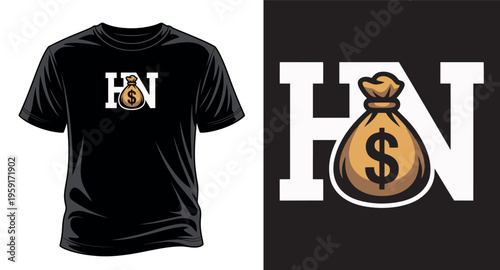 H and N letters with money bag and dollar sign on a black t-shirt design vector art print templet
