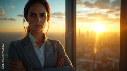 Confident Businesswoman in Suit Overlooking Cityscape During Stunning Sunset