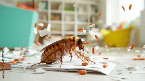 Close-Up of a Cockroach in a Messy Environment Surrounded by trash