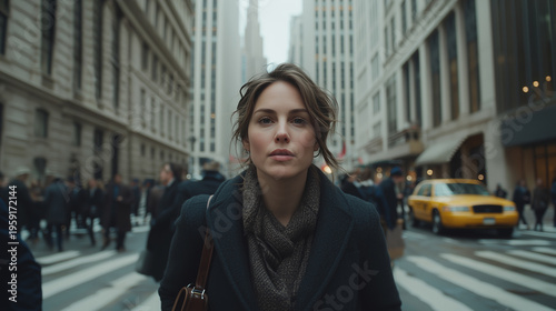 Young woman walking through busy city street, crowd of people and tall buildings in the background, urban lifestyle in motion