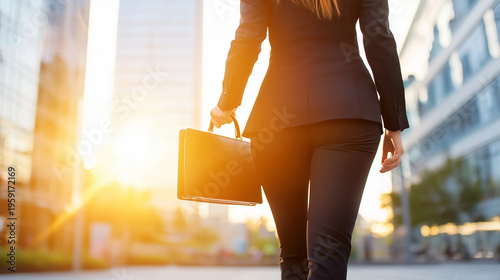 Professional woman walking confidently in urban business district during sunset with briefcase in hand