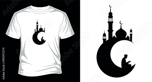 Islamic mosque design with crescent moon and praying person, religious vector art print templet