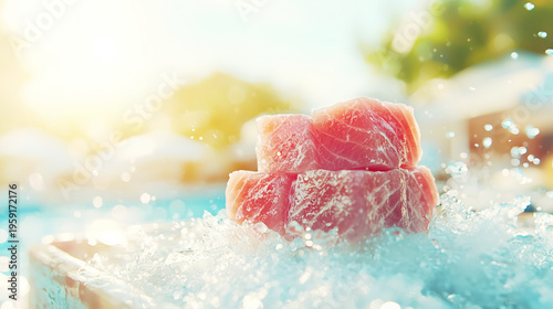 Fresh Cuts of Raw Fish on Ice with Sunlight Reflections Near a Swimming Pool in a Relaxing Outdoor Setting