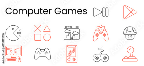 Computer games set icon. Play, pause, store, pacman, buttons, arcade screen, controller, mushroom, desktop, joystick, mobile console, gamer culture, retro entertainment, digital gameplay