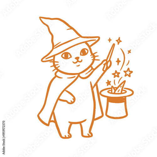 Flat line illustration of a cute cat magician performing magic, suitable for fantasy, entertainment, and character design.
