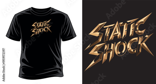 Static Shock text graphic in metallic style on black t-shirt, edgy design vector art print templet