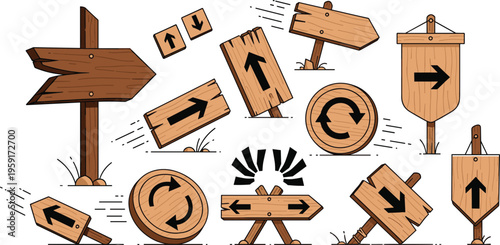 Vintage Hand Sketched Wooden Signage and Directional Arrow Vector Set Featuring Rustic Planks and Wayfinding Markers with Etched Texture for Trail and Garden Graphic Designs