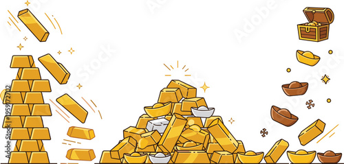 Vintage Hand Sketched Gold Bar and Treasure Bullion Vector Set Featuring Stacks of Gold Ingots and Treasure Chest with Etched Texture for Financial Graphic Designs