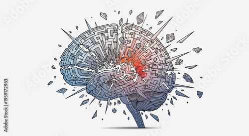 Exploding human brain illustration with shattered glass and mechanical elements in blue and red hues on white background