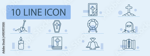 Funeral set icon. Outline memorial symbols, bible cross, grave cross, coffin cross, wreath, tombstone RIP, candle, angel, cemetery gate.