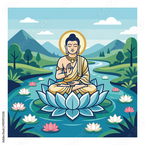 Lord Buddha Meditating on Lotus Flower in River, Spiritual Zen Vector Illustration I Mahavir Jayanti