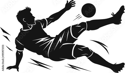 Silhouette of a soccer player performing a bicycle kick isolated on white background