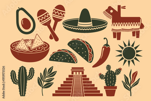 Mexican fiesta avocado tacos sombrero pinata cactus