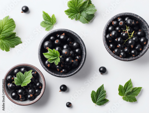 Overhead view of ripe black currants arranged in ceramic bowls with leaves, fresh and juicy look, soft daylight, minimalist white backdrop.