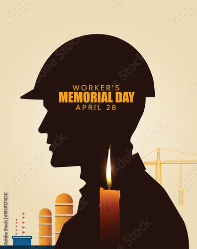 Workers Memorial Day tribute silhouette helmet candle and remembrance vector poster
